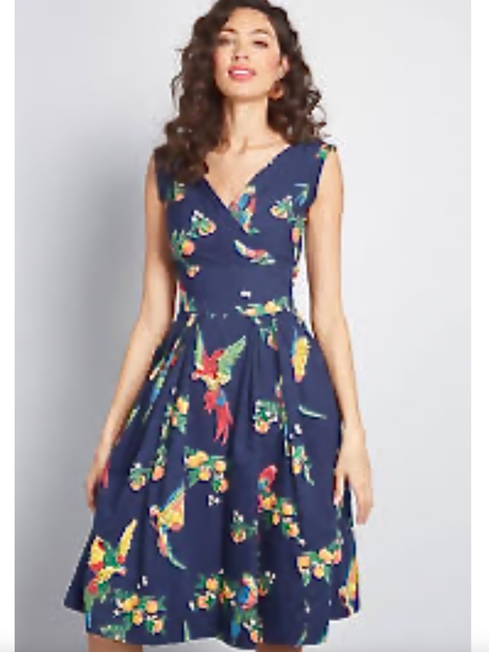 EMILY AND FIN Florence Retro Sleeveless Dress in Navy Parrot Print - 1X - Picture 3 of 15